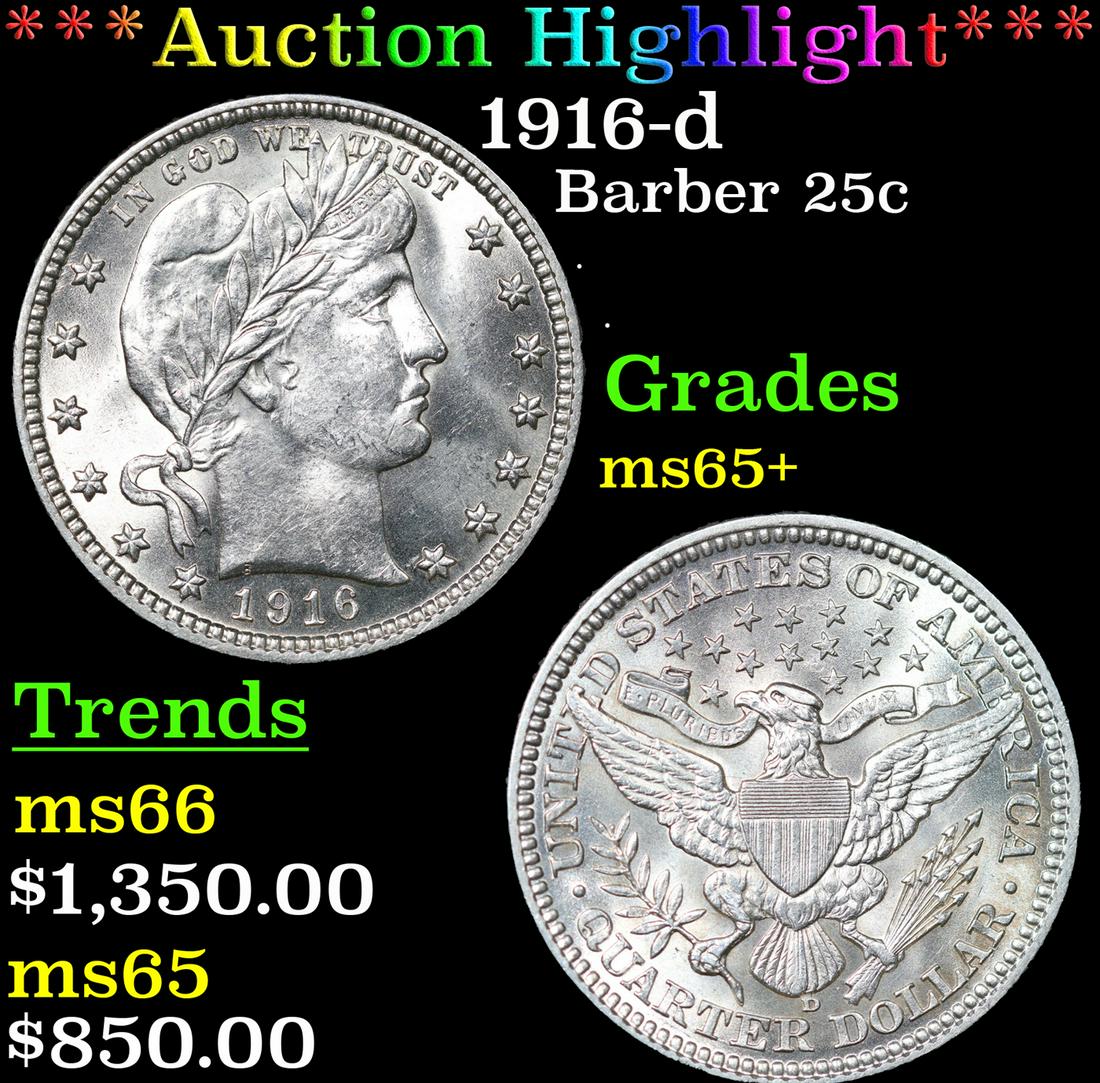***Auction Highlight*** 1916-d Barber Quarter 25c Graded GEM+ Unc By USCG (fc) (1 of 5)