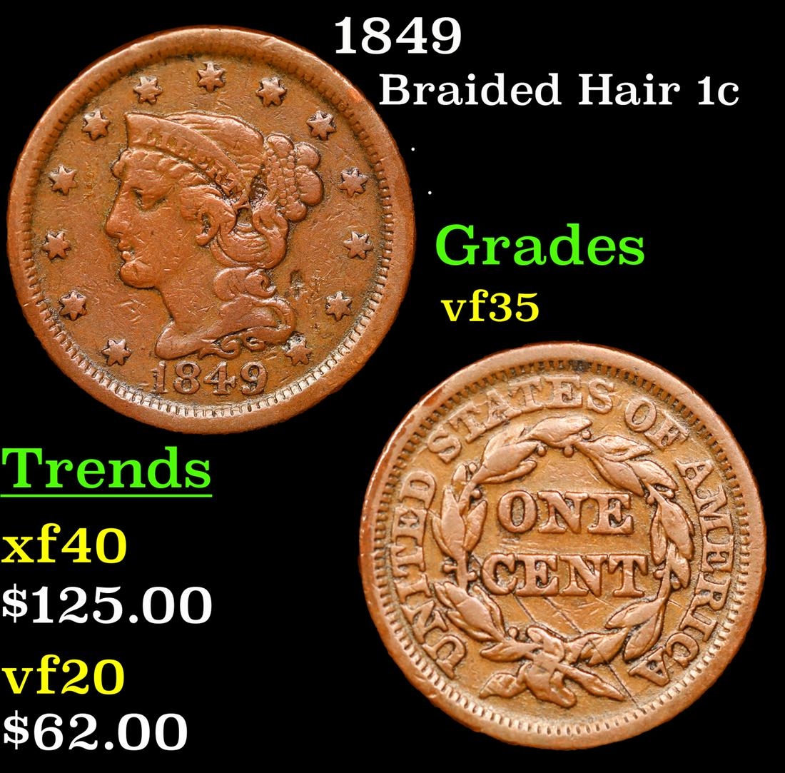 1849 Braided Hair Large Cent 1c Grades vf++ (1 of 3)