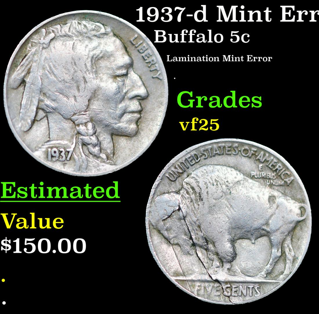 1937-d Buffalo Nickel Mint Error 5c Grades vf+ (1 of 3)