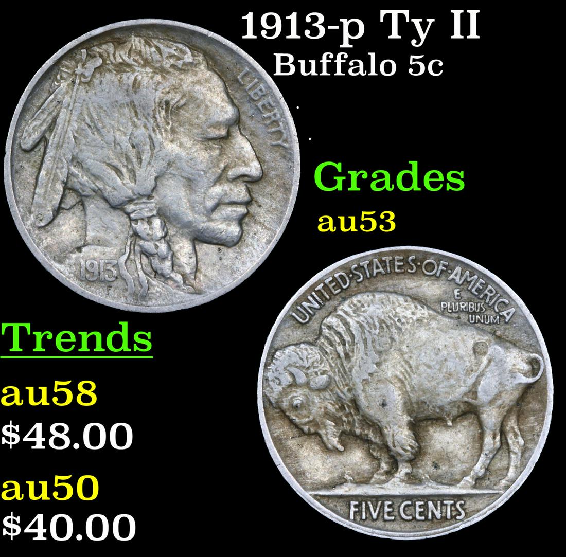 1913-p Ty II Buffalo Nickel 5c Grades Select AU (1 of 3)