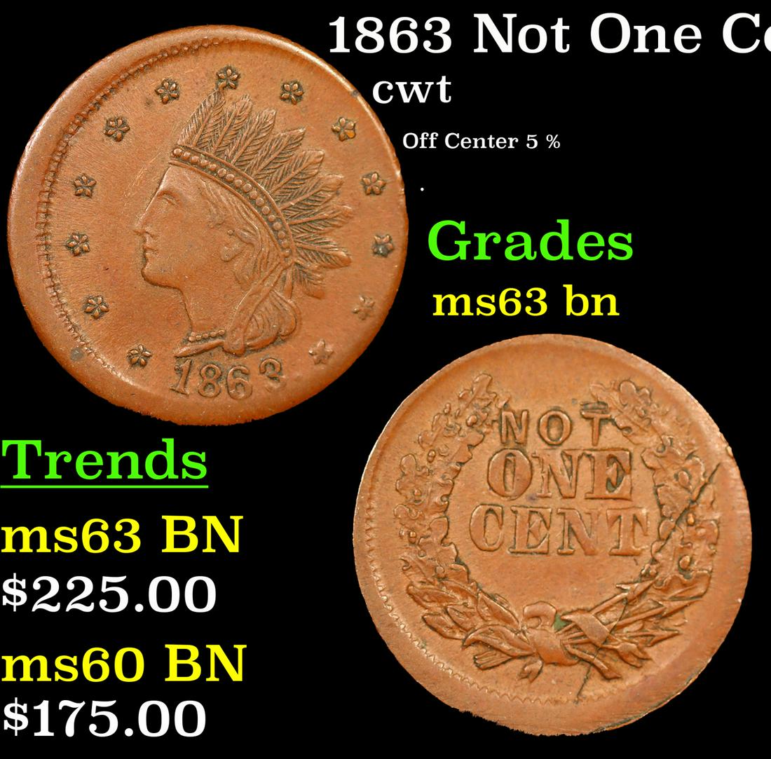 1863 Not One Cent Civil War Token F-63/366a 1c Graded ms63 bn By SEGS (1 of 5)