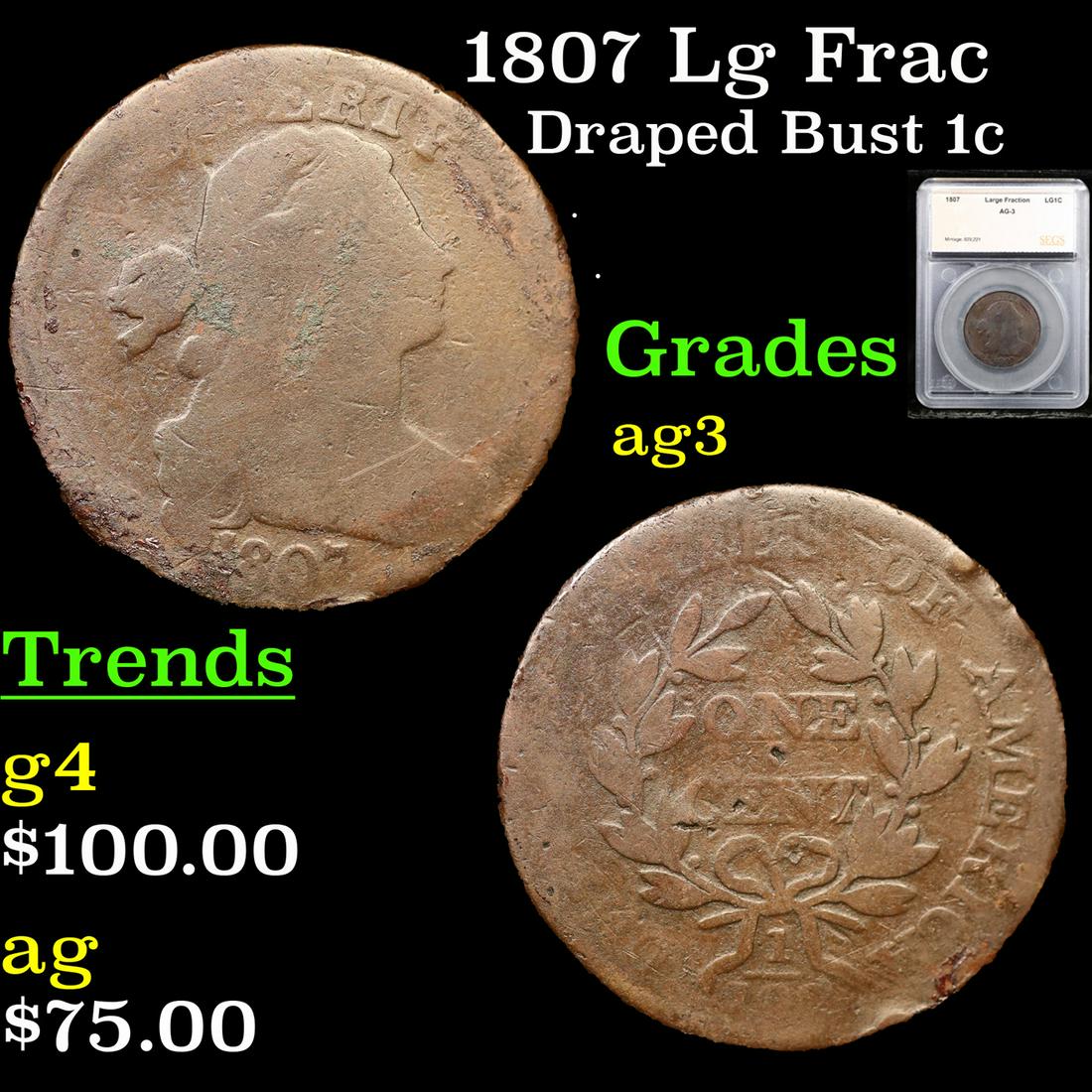 1807 Lg Frac Draped Bust Large Cent 1c Graded ag3 By SEGS (1 of 5)
