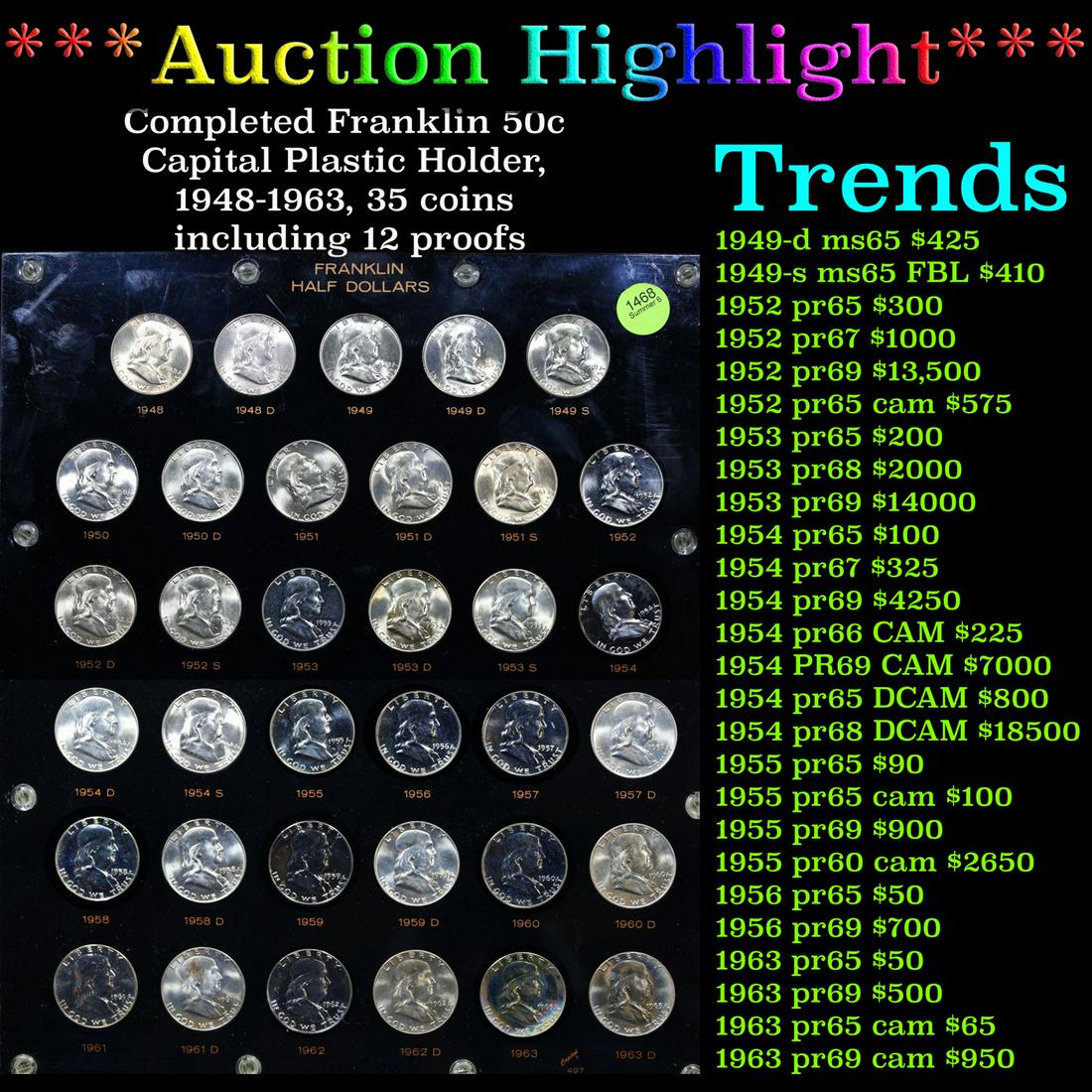 ***Auction Highlight*** Completed Franklin 50c Capital Plastic Holder, 1948-1963, 35 coins including (1 of 3)