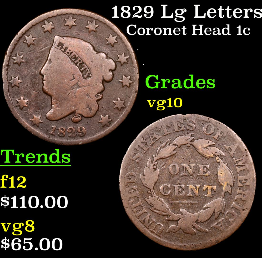 1829 Lg Letters Coronet Head Large Cent 1c Grades vg+ (1 of 3)