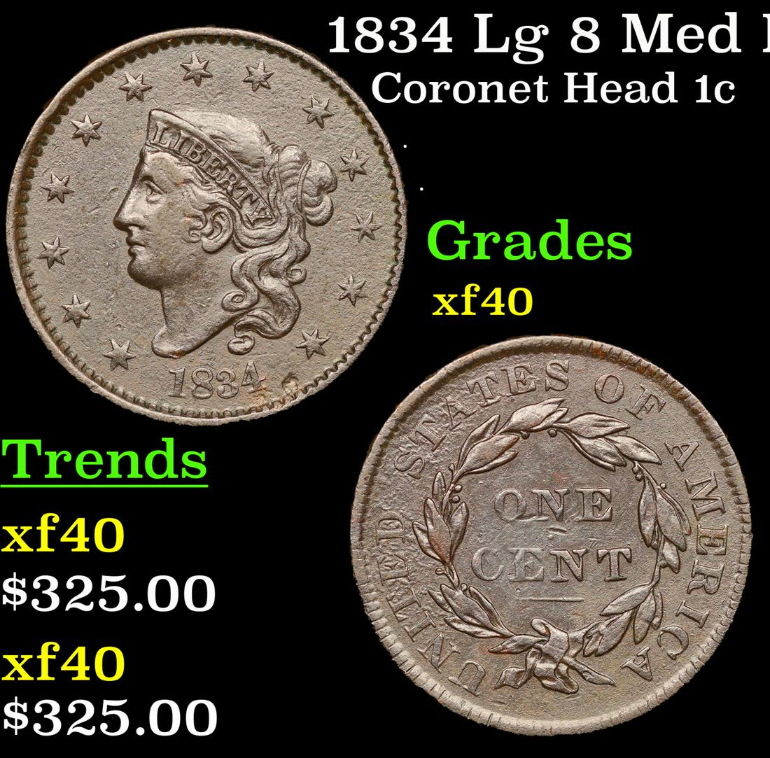1834 Lg 8 Med Letters, Sm Stars Coronet Head Large Cent N-4 1c Graded xf40 By SEGS (1 of 5)