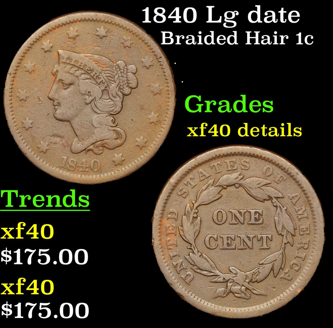 1840 Lg date Braided Hair Large Cent 1c Grades xf Details (1 of 3)