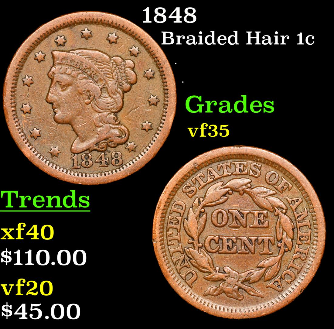 1848 Braided Hair Large Cent 1c Grades vf++ (1 of 3)
