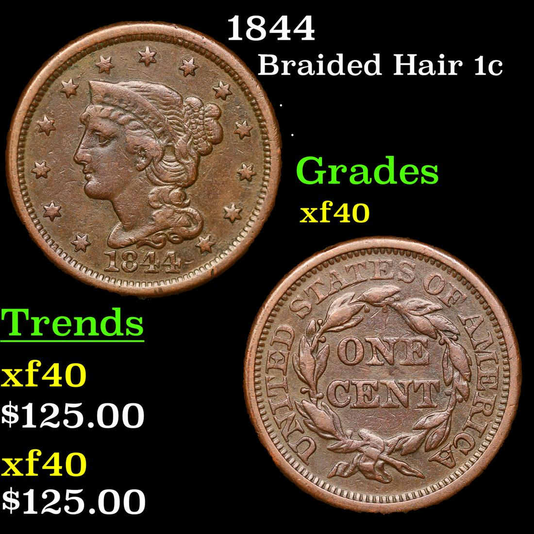 1844 Braided Hair Large Cent 1c Grades xf (1 of 3)