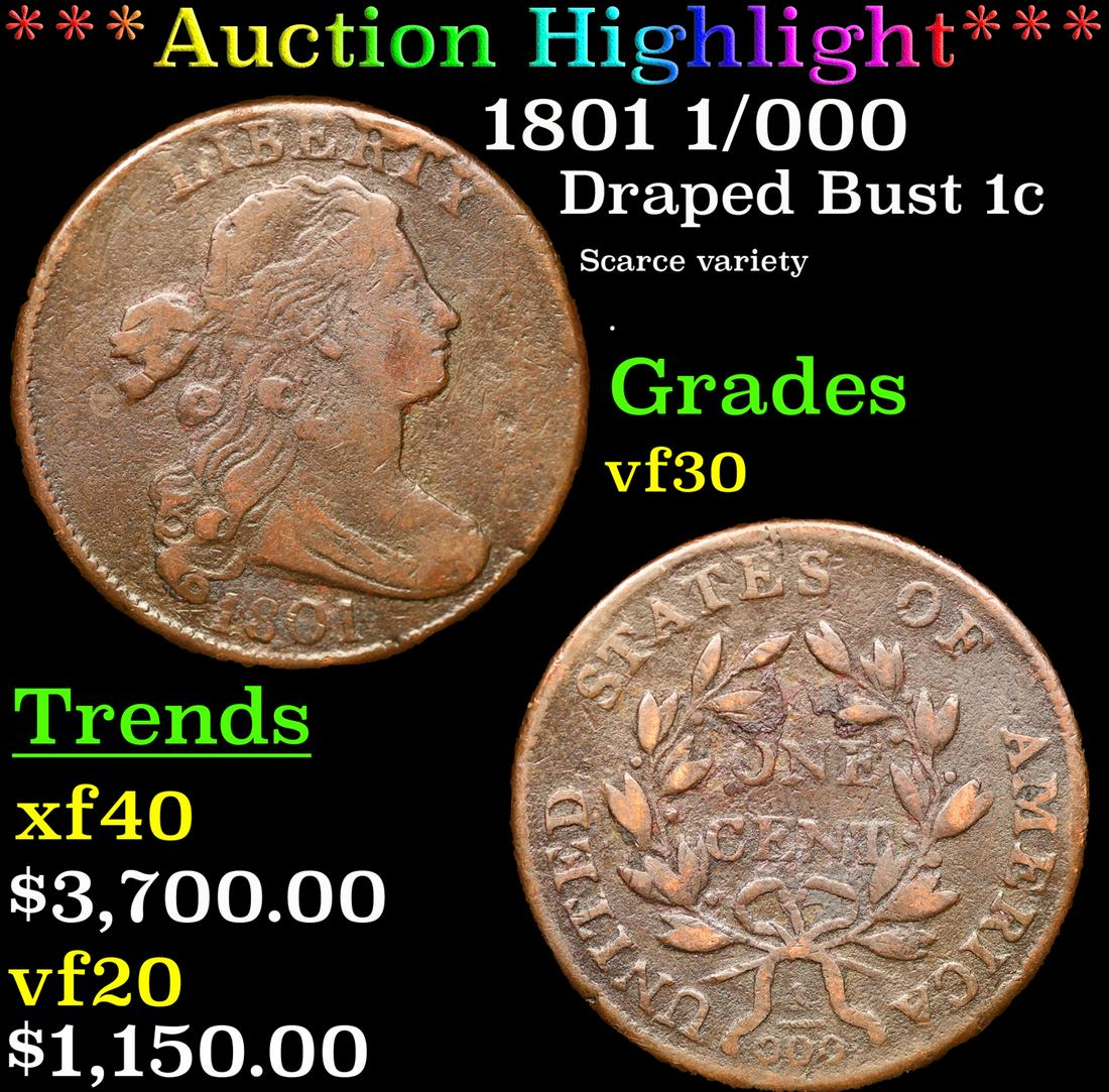 ***Auction Highlight*** 1801 1/000 Draped Bust Large Cent 1c Graded vf30 By SEGS (fc) (1 of 5)