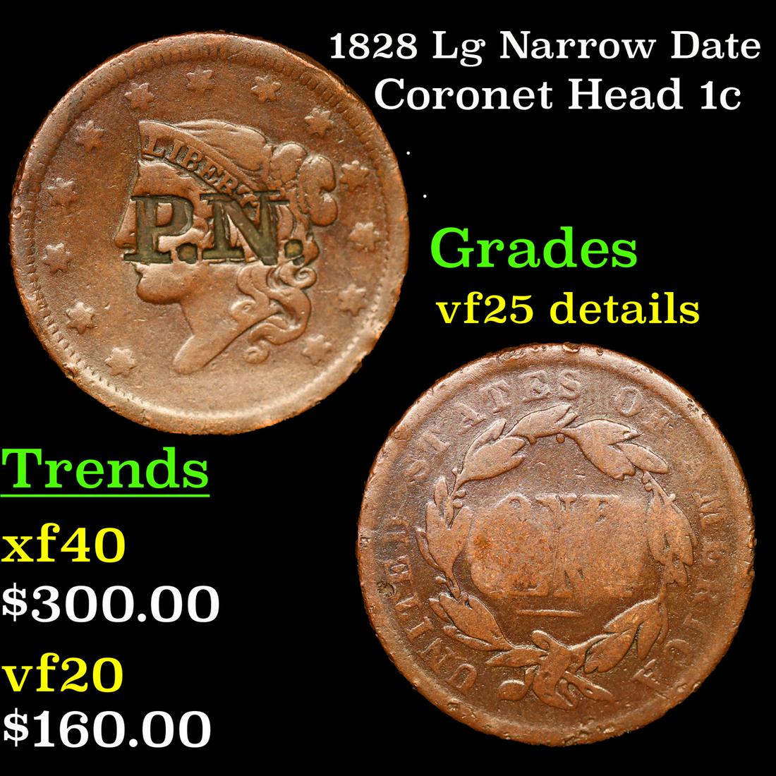 1828 Lg Narrow Date Coronet Head Large Cent 1c Grades VF Details (1 of 3)