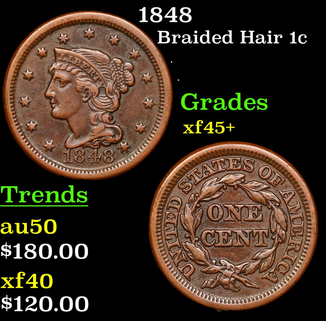 1848 Braided Hair Large Cent 1c Grades xf+++ (1 of 3)