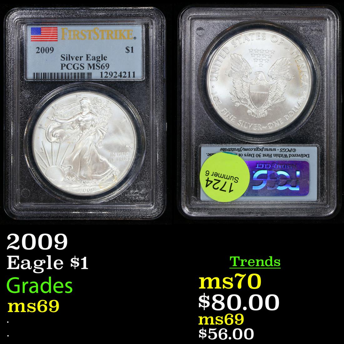PCGS 2009 Silver Eagle Dollar $1 Graded ms69 By PCGS (1 of 3)