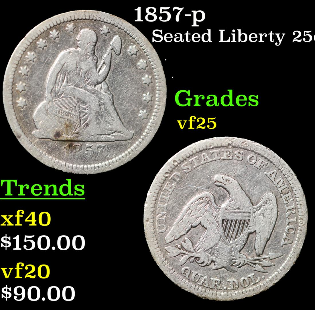 1857-p Seated Liberty Quarter 25c Grades vf+ (1 of 3)