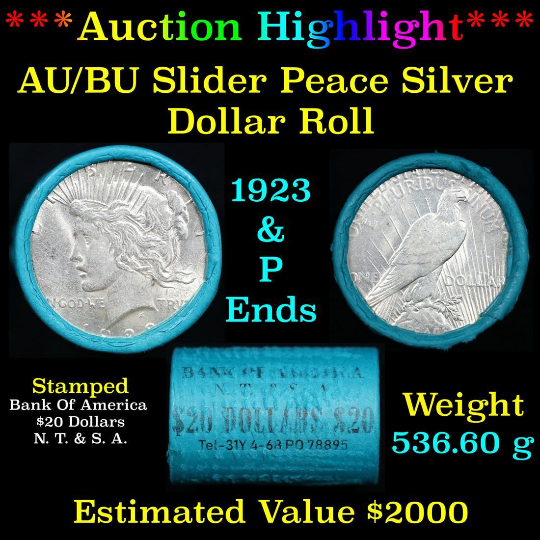 **Auction Highlight** AU/BU Slider Bank Of America Shotgun Peace $1 Roll 1923 & P Ends Virtually Unc (1 of 4)