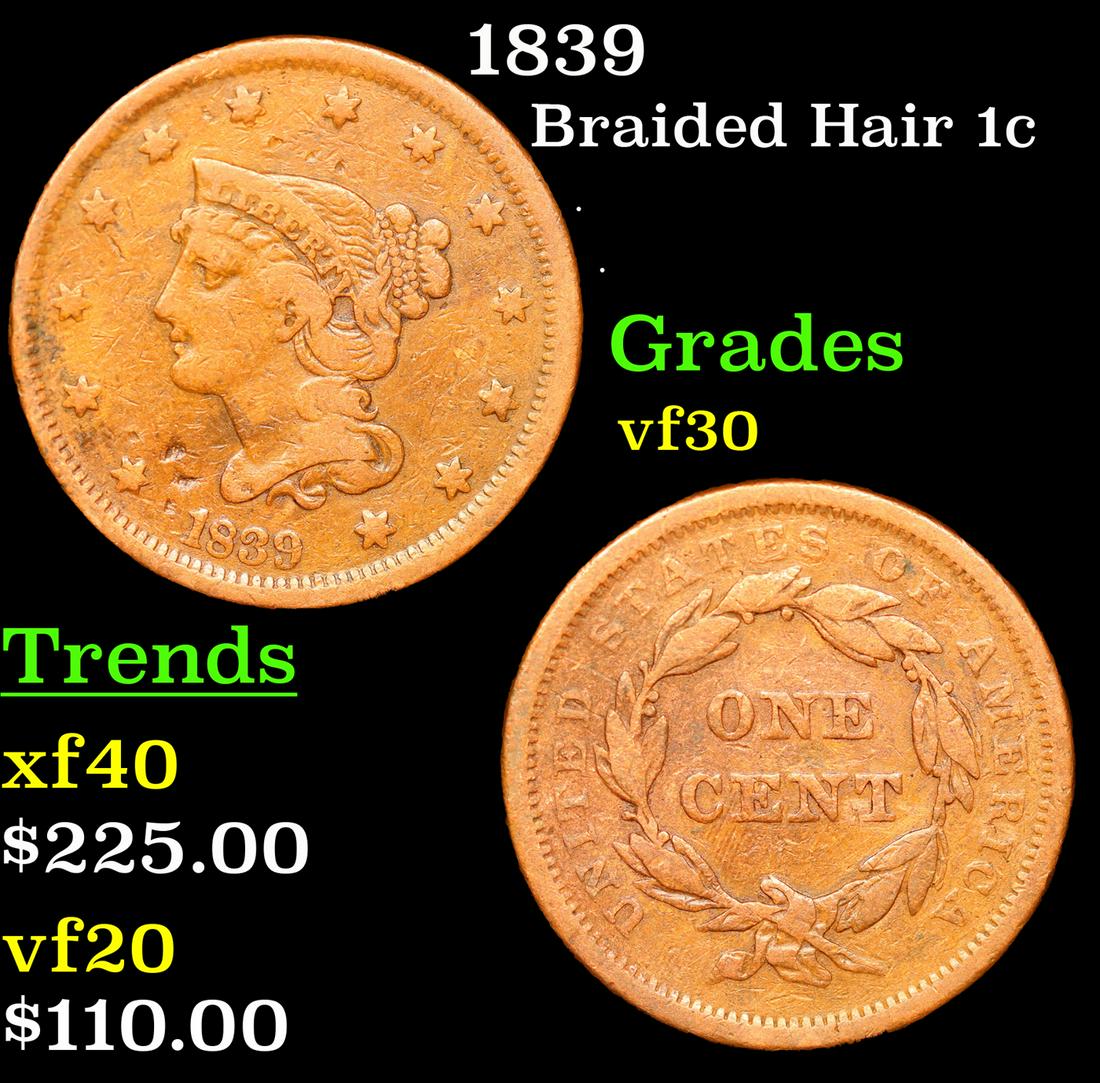 1839 Braided Hair Large Cent 1c Grades vf++ (1 of 3)
