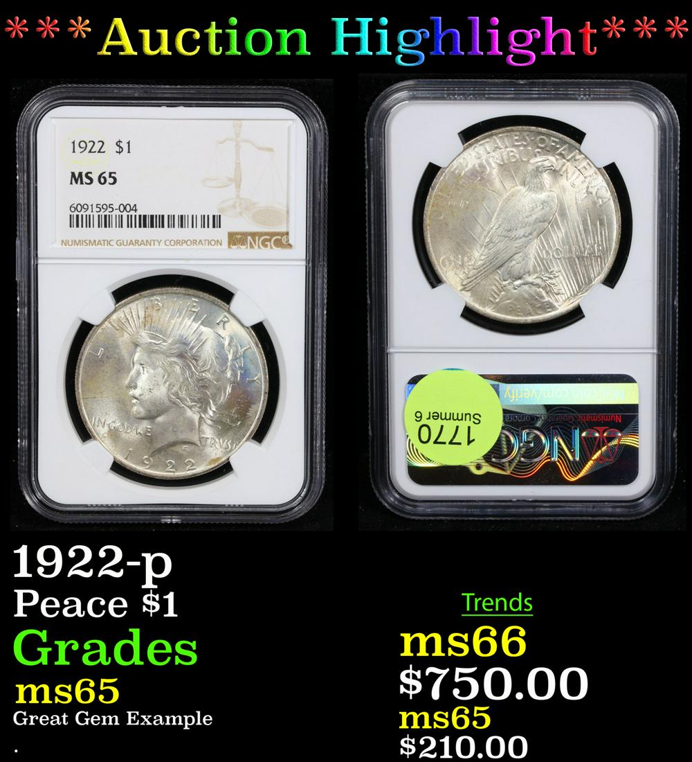 ***Auction Highlight*** NGC 1922-p Peace Dollar $1 Graded ms65 By NGC (fc) (1 of 3)