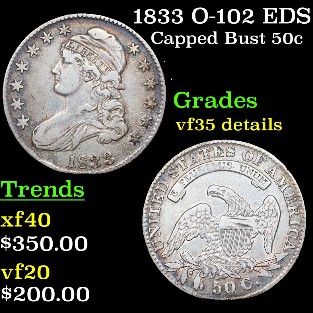 1833 Capped Bust Half Dollar O-102 EDS 50c Graded vf35 details By SEGS (1 of 5)