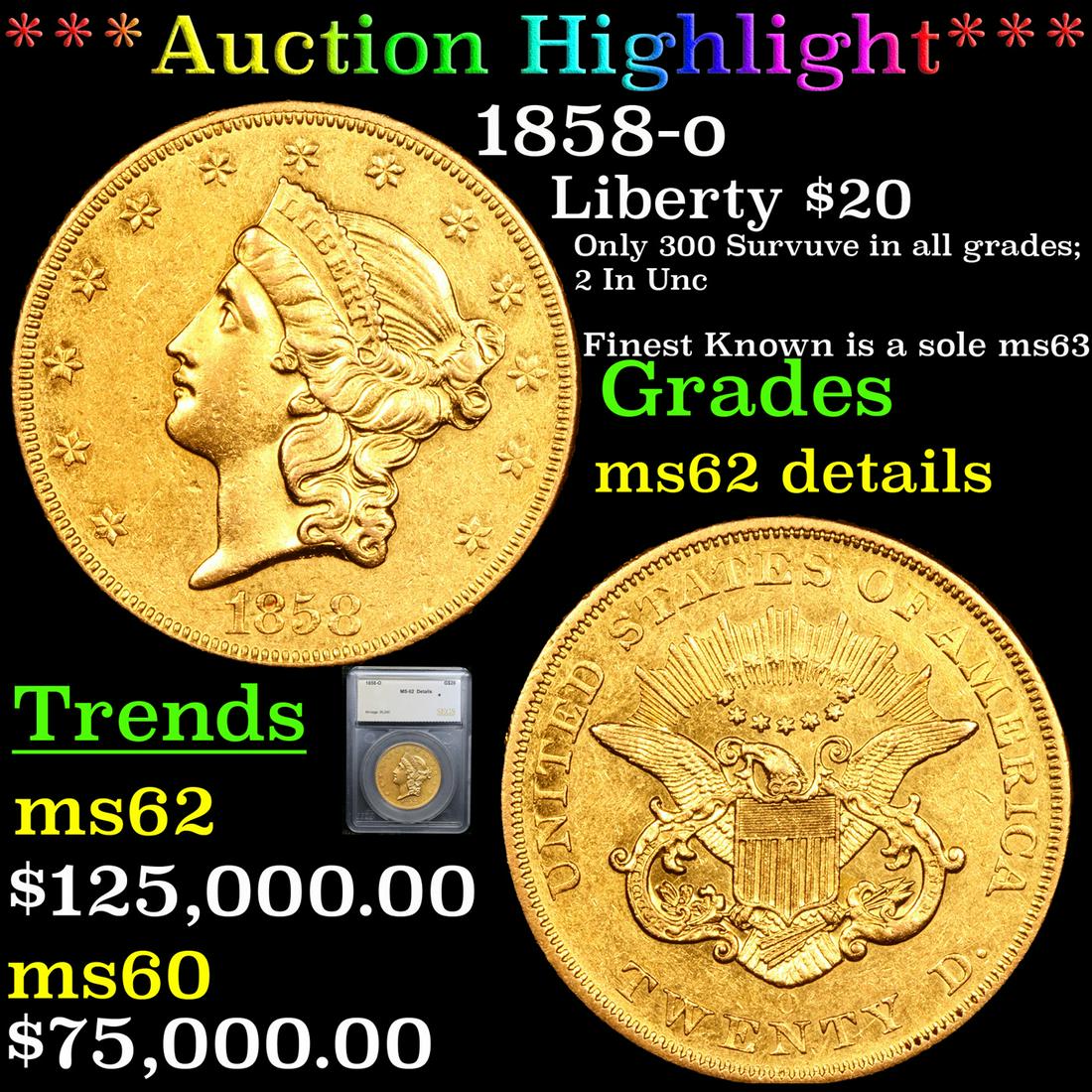 ***Auction Highlight*** 1858-o Gold Liberty Double Eagle $20 Graded ms62 details By SEGS (fc) (1 of 5)