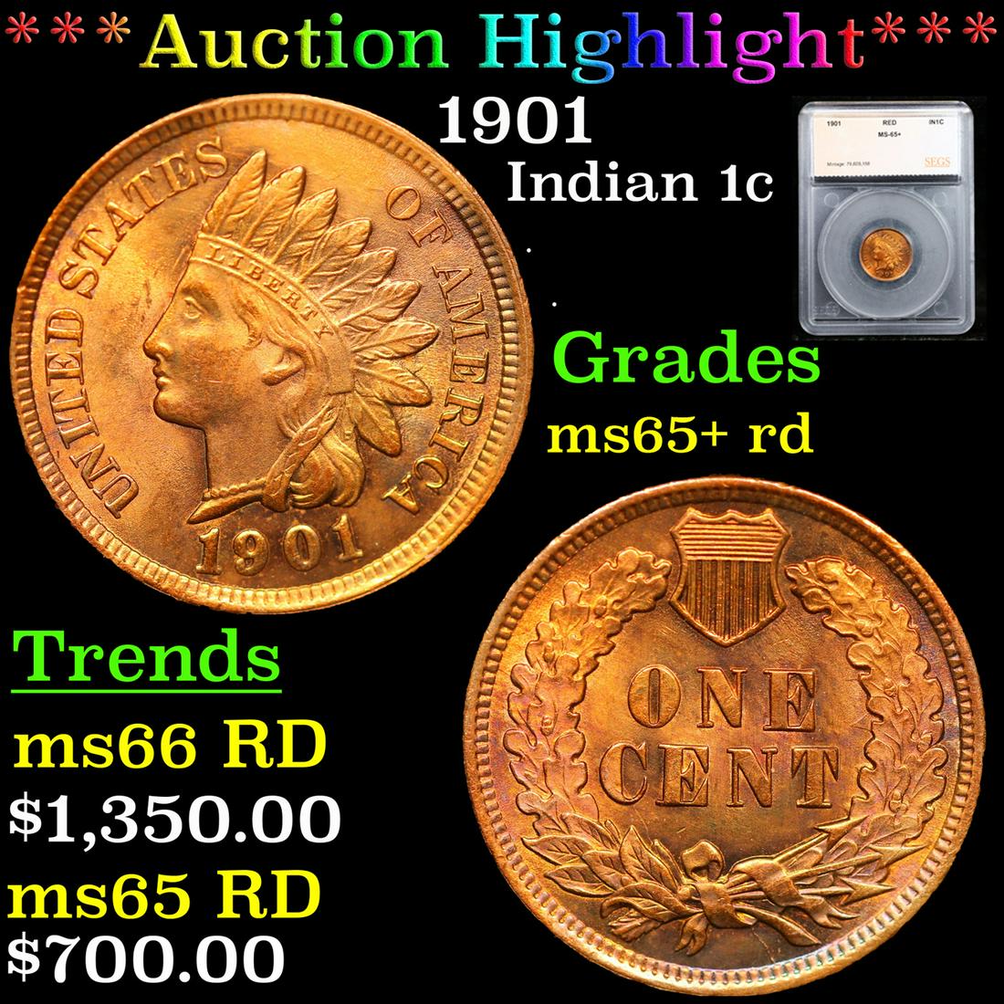 ***Auction Highlight*** 1901 Indian Cent 1c Graded ms65+ rd By SEGS (fc) (1 of 5)