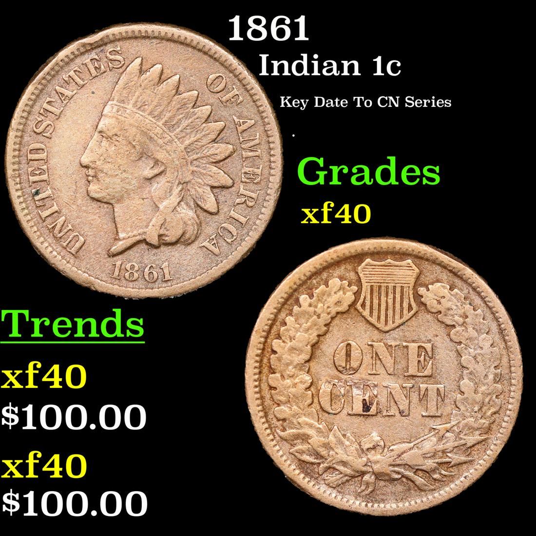 1861 Indian Cent 1c Grades xf (1 of 3)