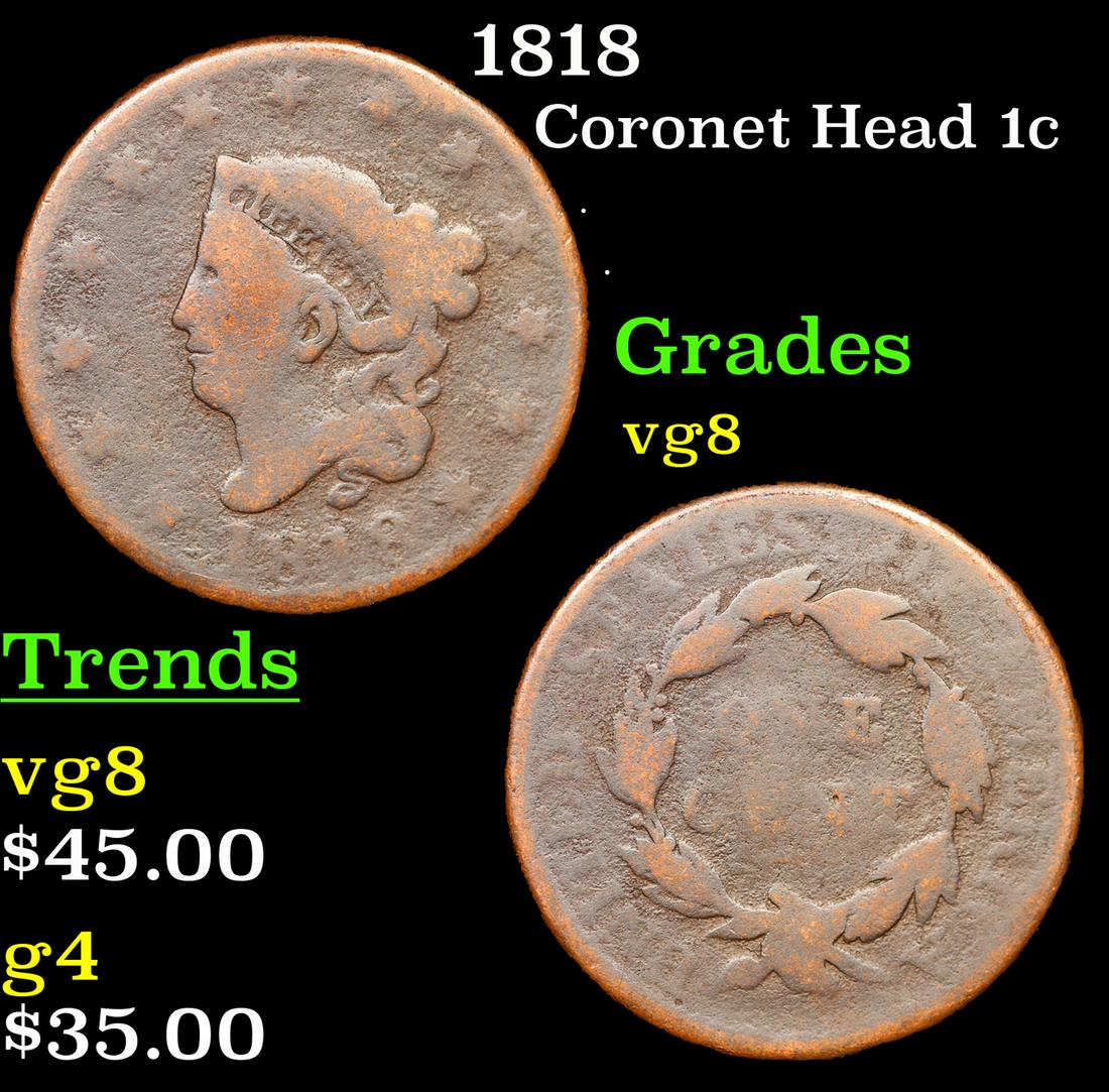 1818 Coronet Head Large Cent 1c Grades vg, very good (1 of 3)