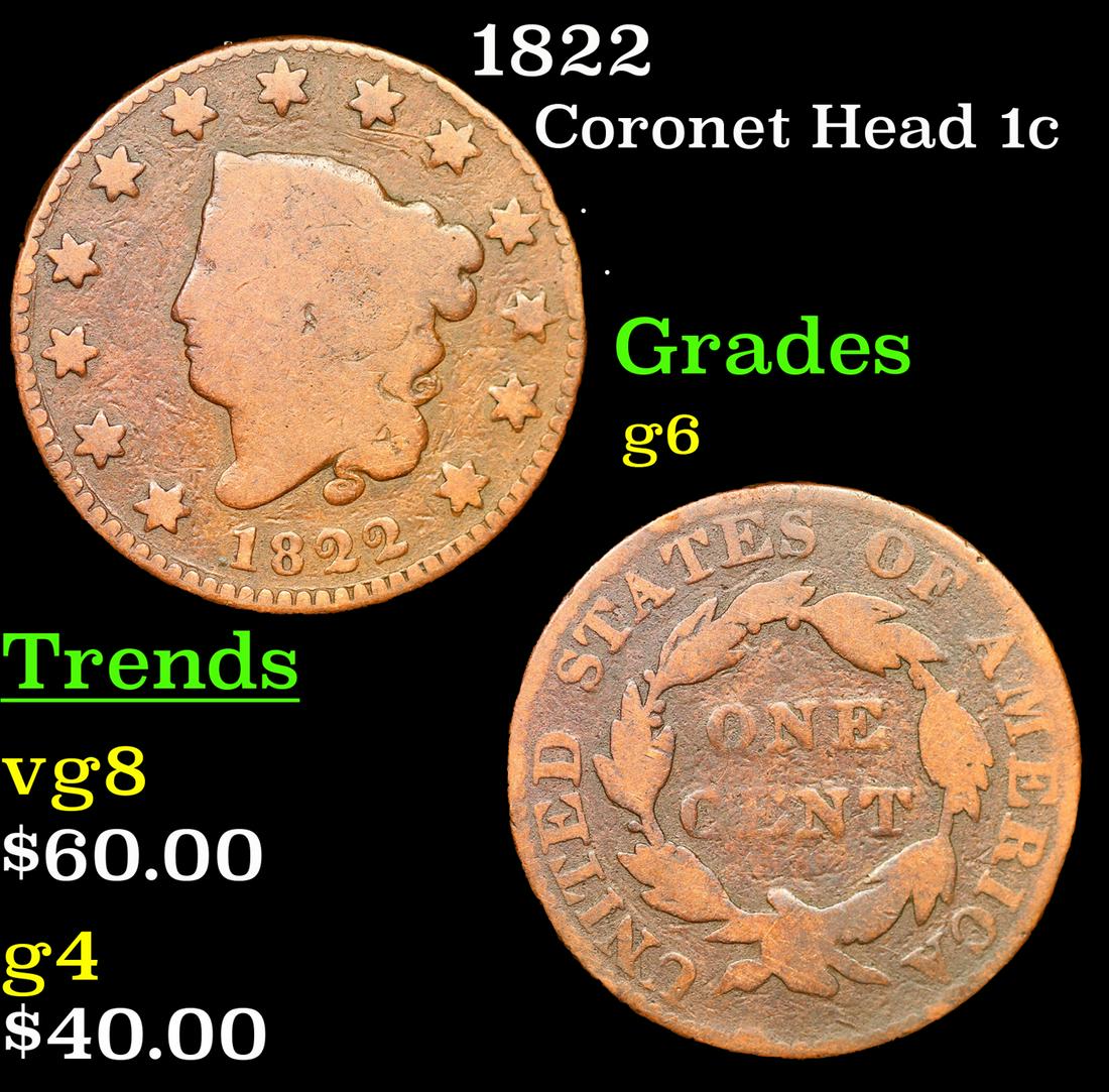 1822 Coronet Head Large Cent 1c Grades g+ (1 of 3)