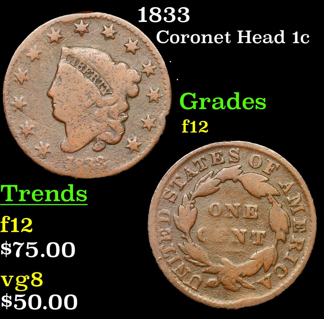 1833 Coronet Head Large Cent 1c Grades f, fine (1 of 3)