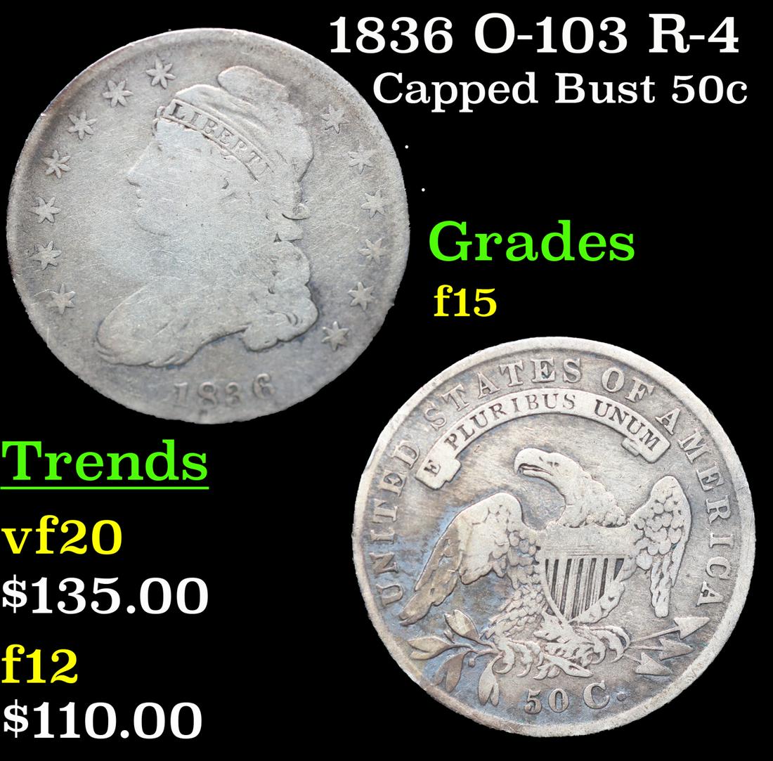 1836 Capped Bust Half Dollar O-103 R-4 50c Grades f+ (1 of 5)