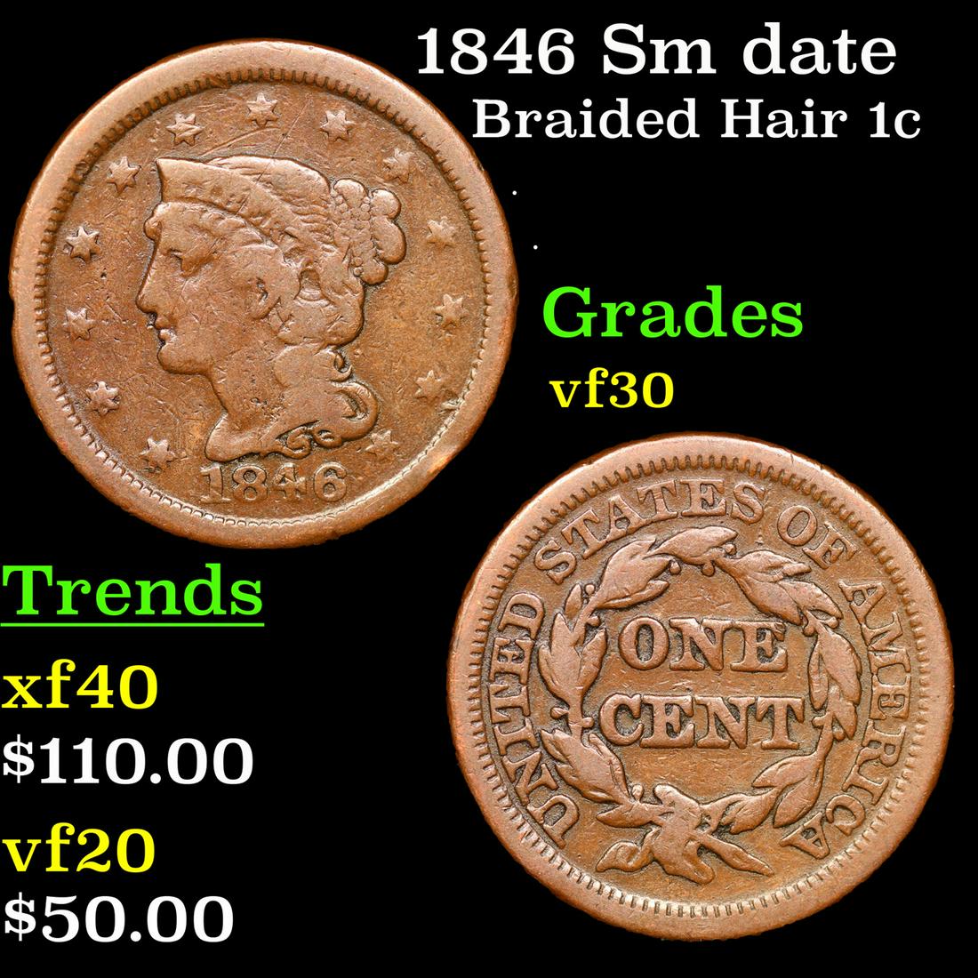 1846 Sm date Braided Hair Large Cent 1c Grades vf++ (1 of 3)