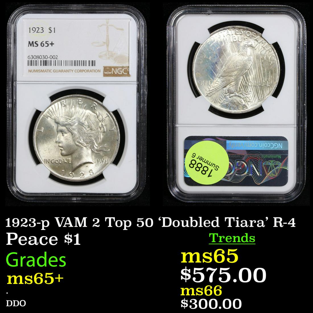 NGC 1923-p Peace Dollar VAM 2 Top 50 'Doubled Tiara' R-4 $1 Graded ms65+ By NGC (1 of 3)