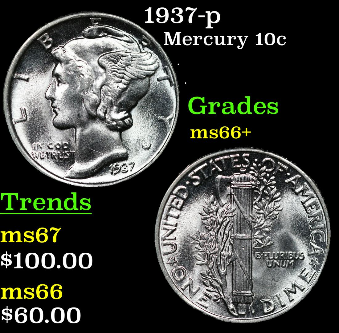 1937-p Mercury Dime 10c Grades GEM++ Unc (1 of 3)