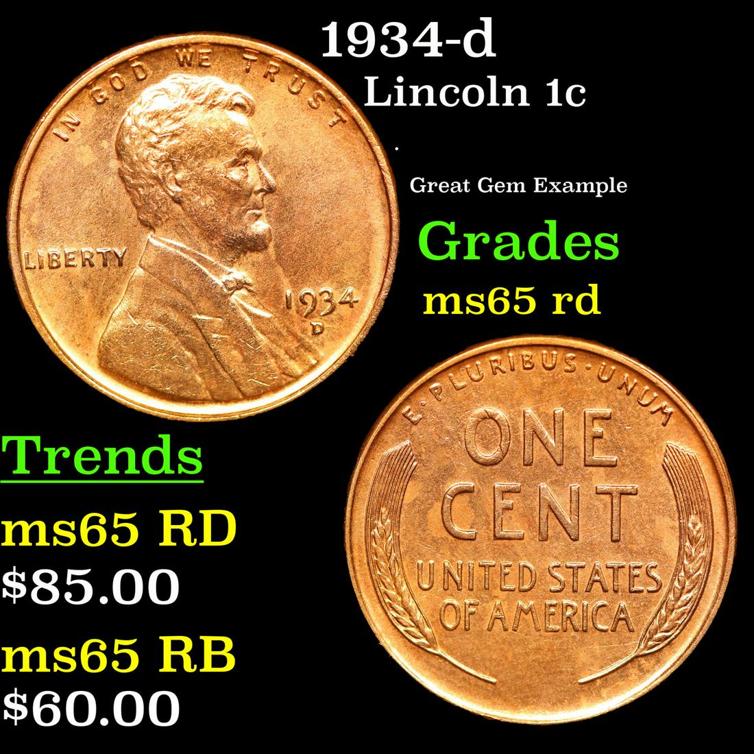 1934-d Lincoln Cent 1c Grades GEM Unc RD (1 of 3)