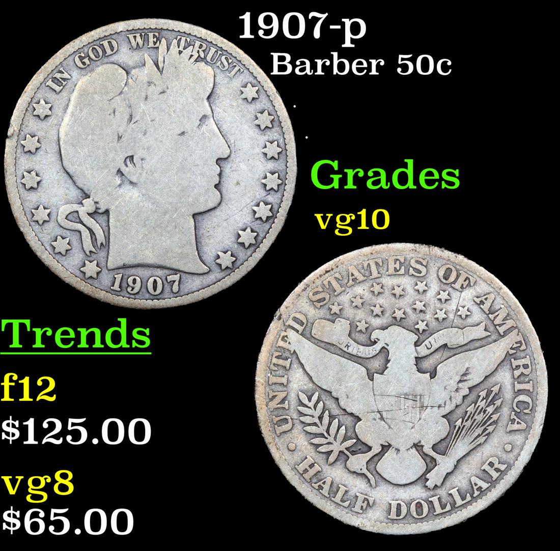 1907-p Barber Half Dollars 50c Grades vg+ (1 of 3)