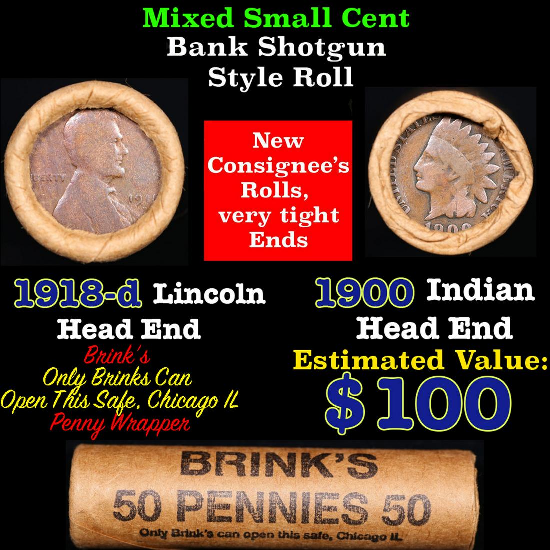 Mixed small cents 1c orig shotgun roll, 1918-d Wheat Cent, 1900 Indian Cent other end, brinks: Mixed small cents 1c orig shotgun roll, 1918-d Wheat Cent, 1900 Indian Cent other end, brinks Wrapper. The roll is held in an old Rare & Collectable Brinks 'Only Brinks Can Open This Safe, Chicago IL'