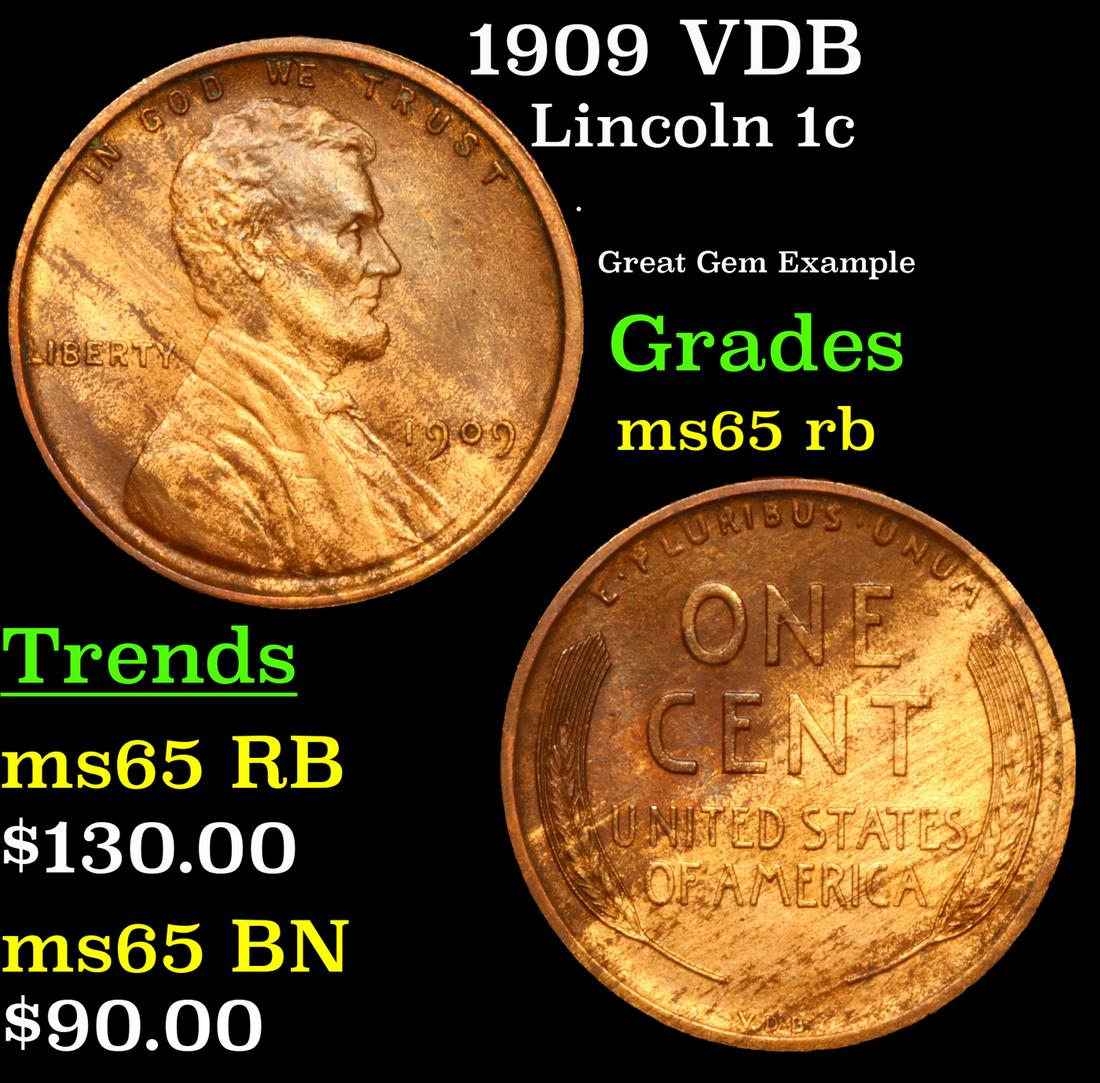 1909 VDB Lincoln Cent 1c Grades GEM Unc RB (1 of 3)