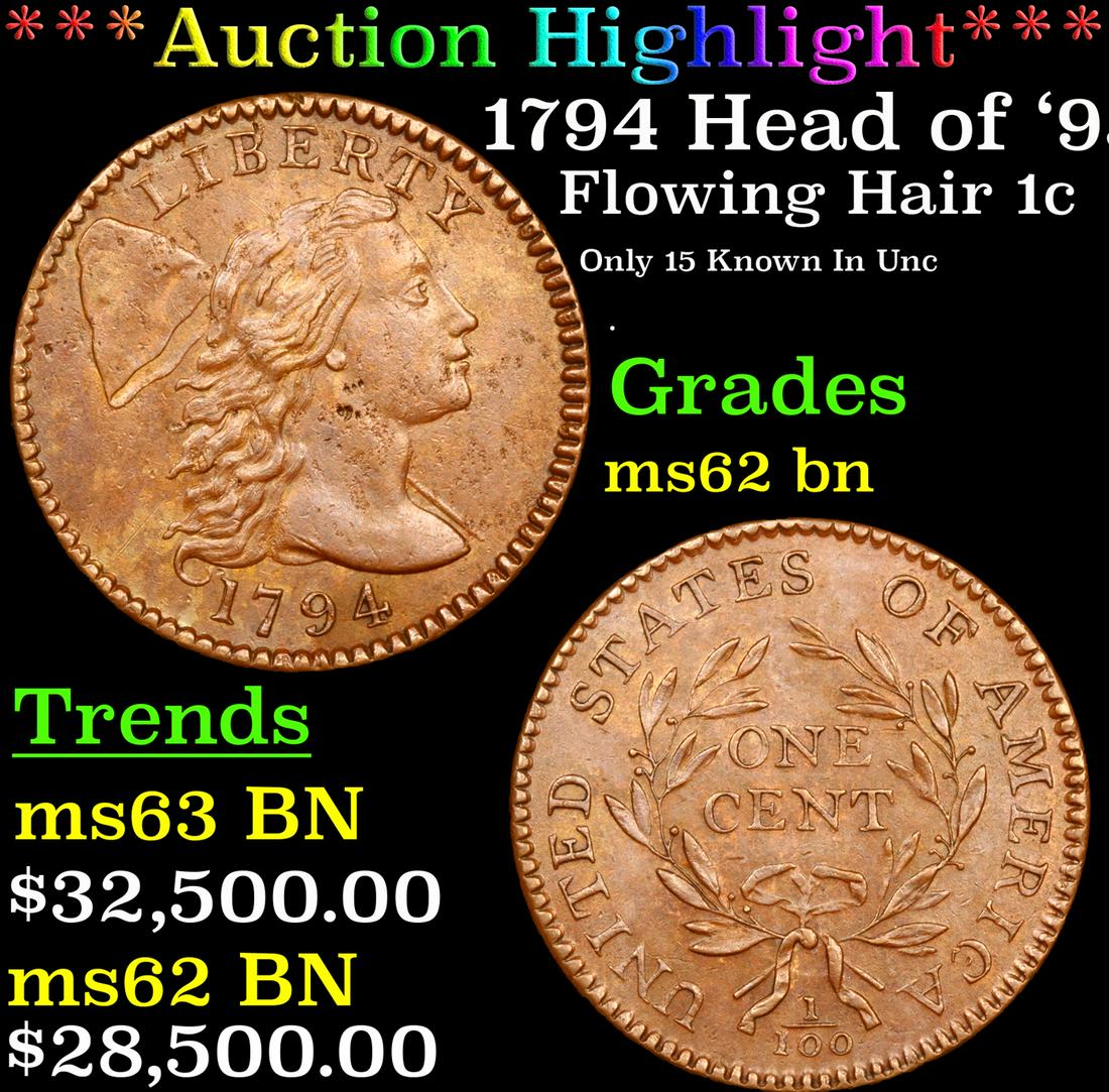 ***Auction Highlight*** 1794 Head of '95 Flowing Hair large cent 1c Graded ms62 bn By SEGS (fc) (1 of 5)