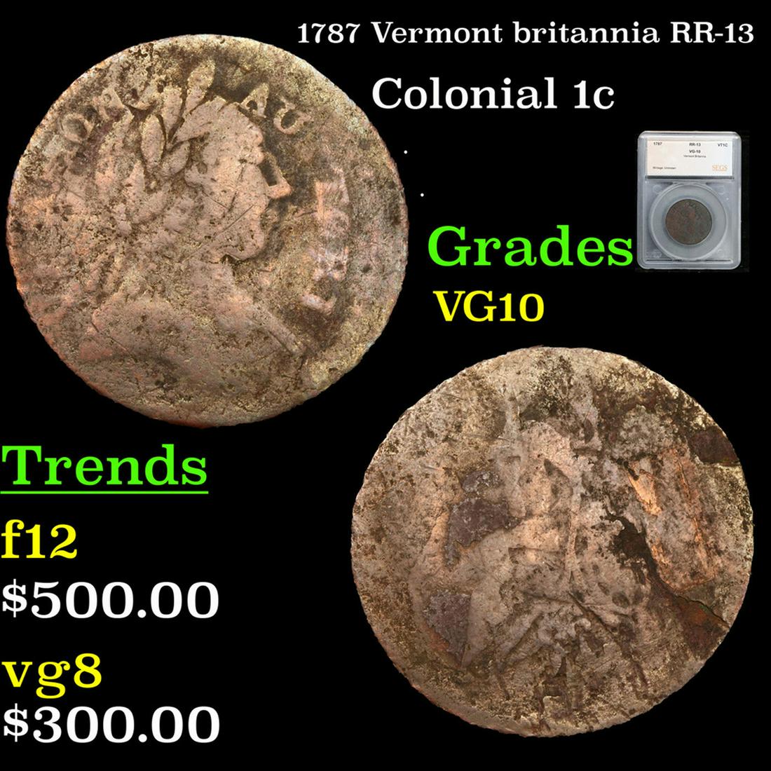 1787 Vermont Colonial Cent britannia RR-13 1c Graded VG10 by SEGS (1 of 5)