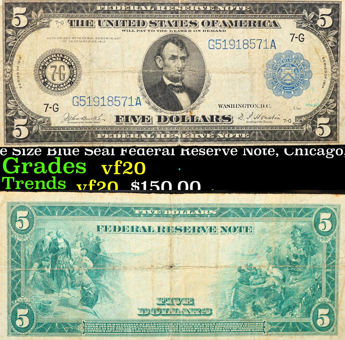 1914 $5 Large Size Blue Seal Federal Reserve Note, Chicago, IL  7-G Fr-870 Grades vf, very fine (1 of 3)
