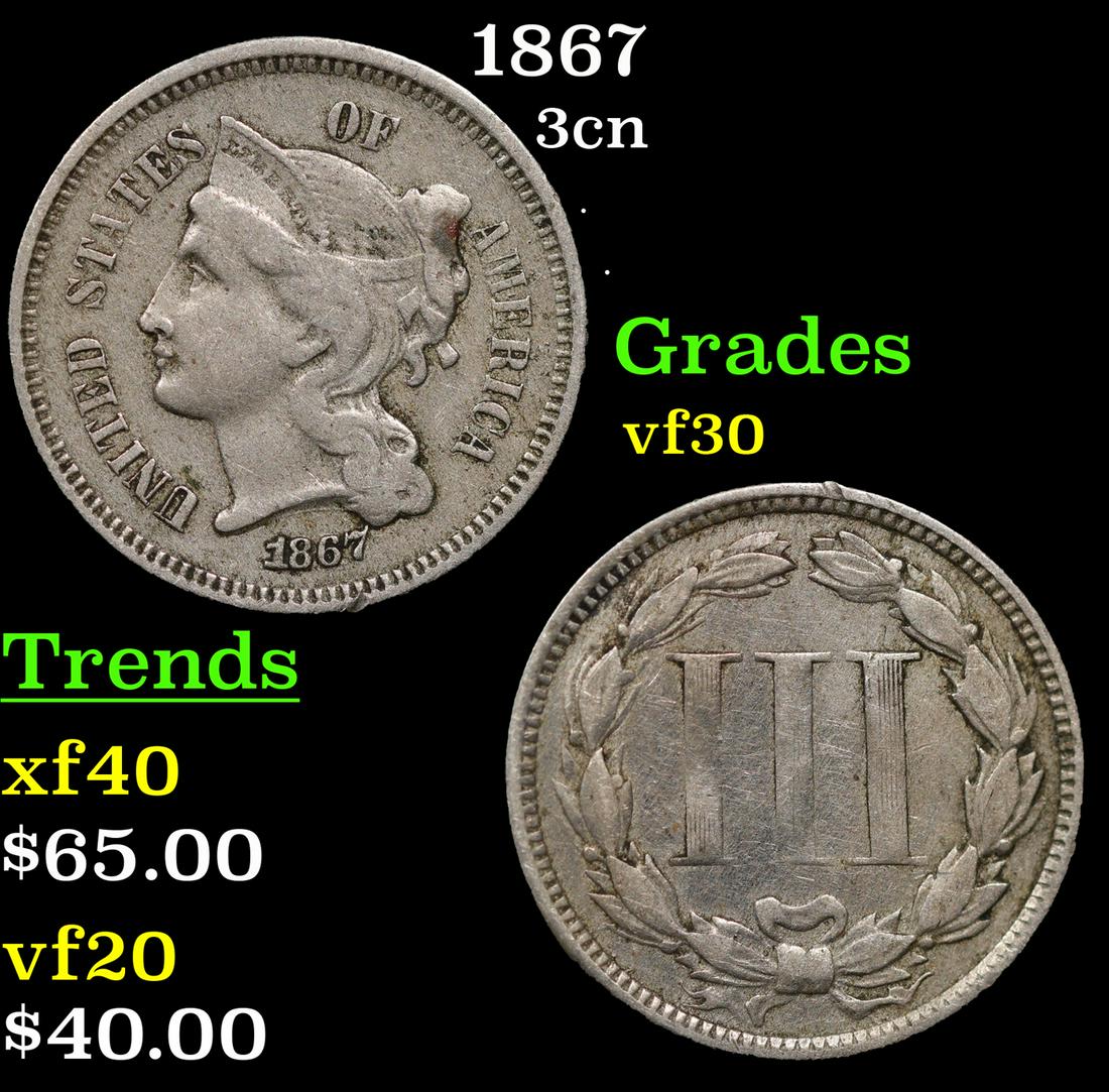 1867 Three Cent Copper Nickel 3cn Grades vf++ (1 of 3)