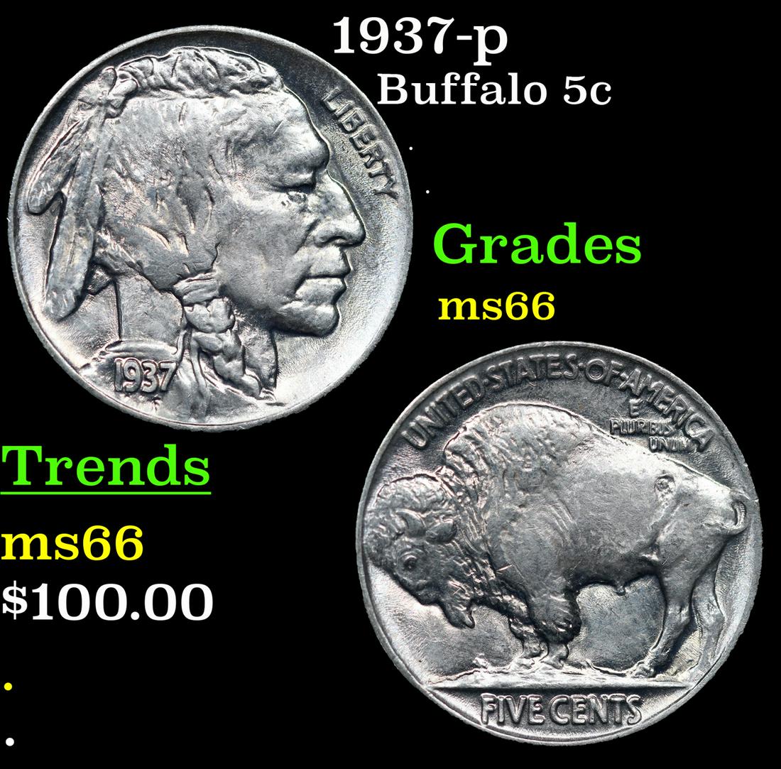 1937-p Buffalo Nickel 5c Grades GEM+ Unc (1 of 3)