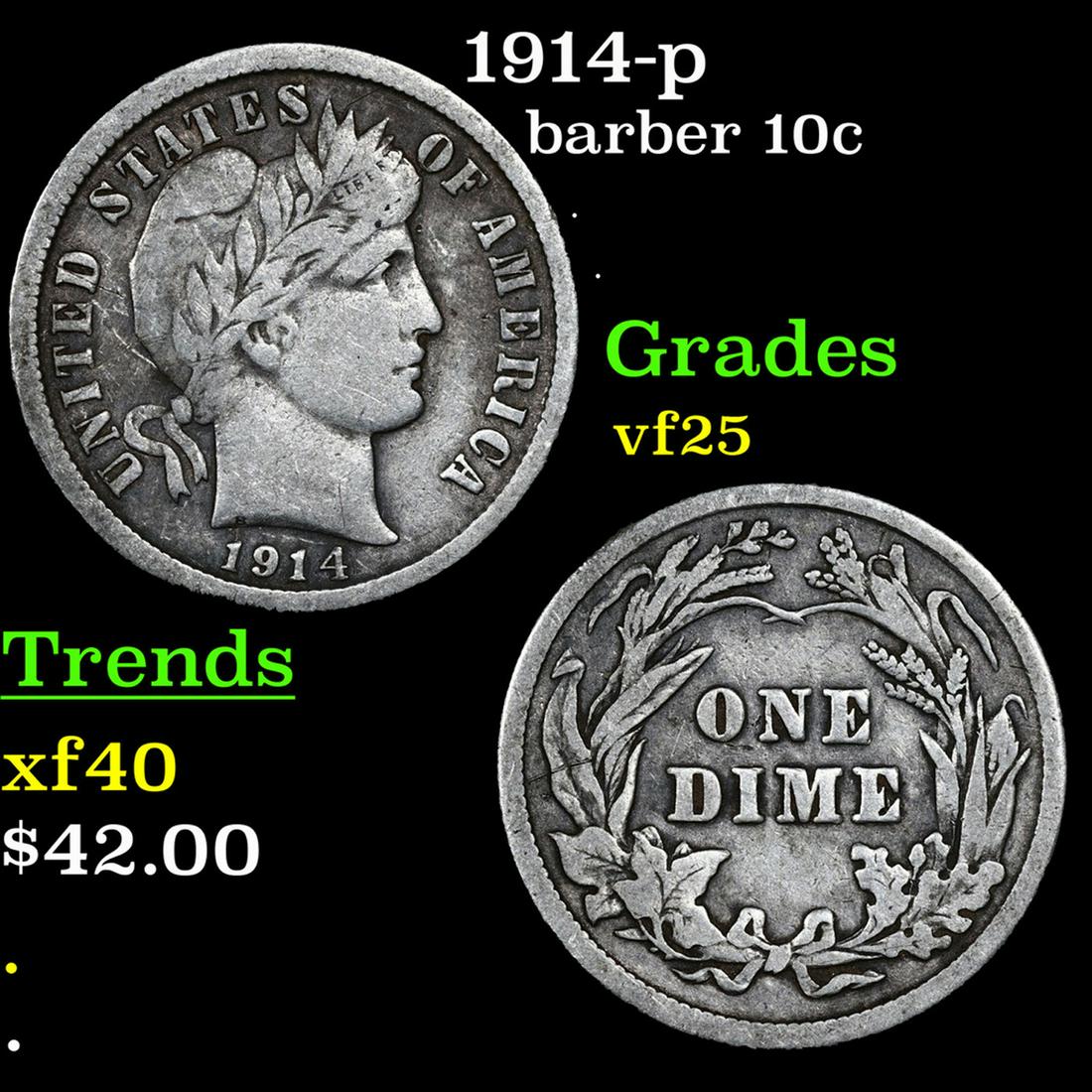 1914-p Barber Dime 10c Grades vf+ (1 of 3)