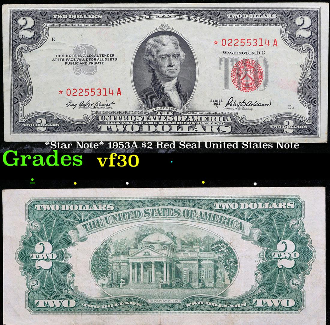 *Star Note* 1953A $2 Red Seal United States Note Grades vf++: *Star Note* 1953A $2 Red Seal United States Note Grades vf++. 1953 red print two dollar bills can be broken up into four different types by signature combination. 1953 two dollar bills feature Thomas