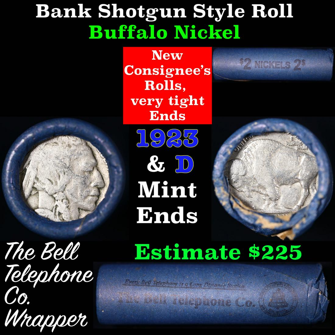 Buffalo Nickel Shotgun Roll in Old Bank Style 'Bell Telephone' Wrapper 1923 & D Mint Ends: Buffalo Nickel Shotgun Roll in Old Bank Style 'Bell Telephone' Wrapper 1923 & D Mint Ends. The roll is held in an old, rare "Bell Telephone Co." Bank style wrapper. This is the Bell Telephone logo fro