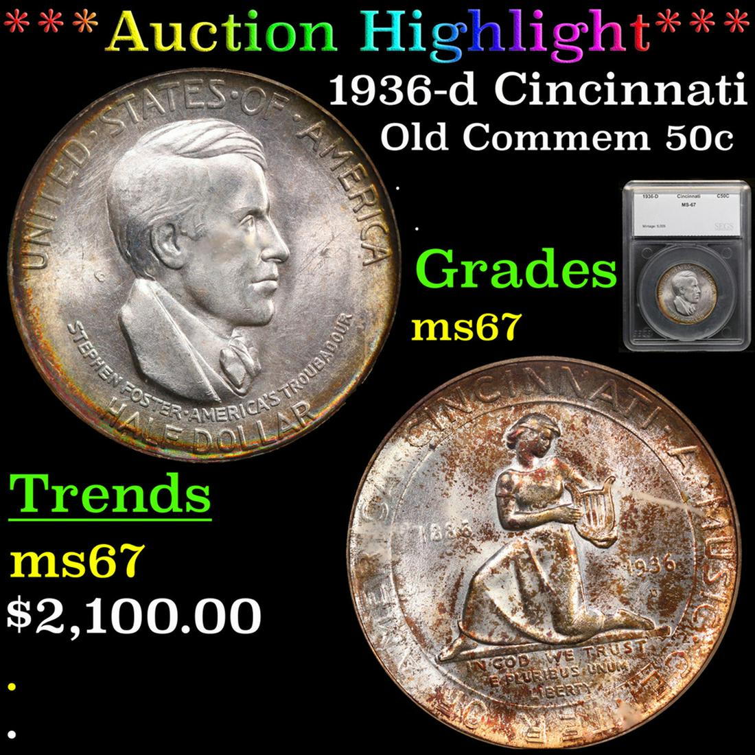***Auction Highlight*** 1936-d Cincinnati Old Commem Half Dollar 50c Graded ms67 By SEGS (fc) (1 of 5)