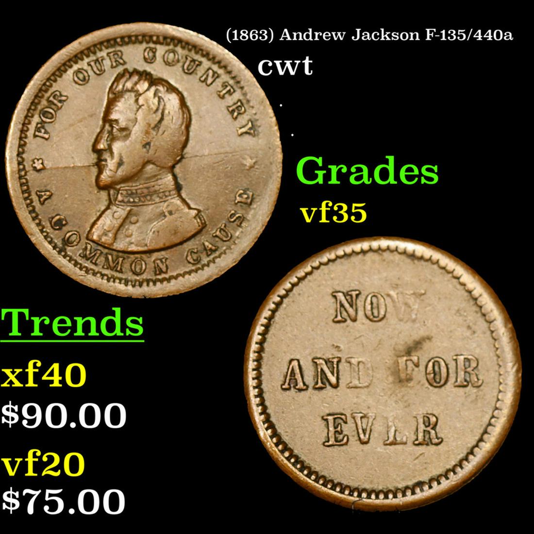 (1863) Andrew Jackson Civil War Token F-135/440a 1c Grades vf++ (1 of 3)