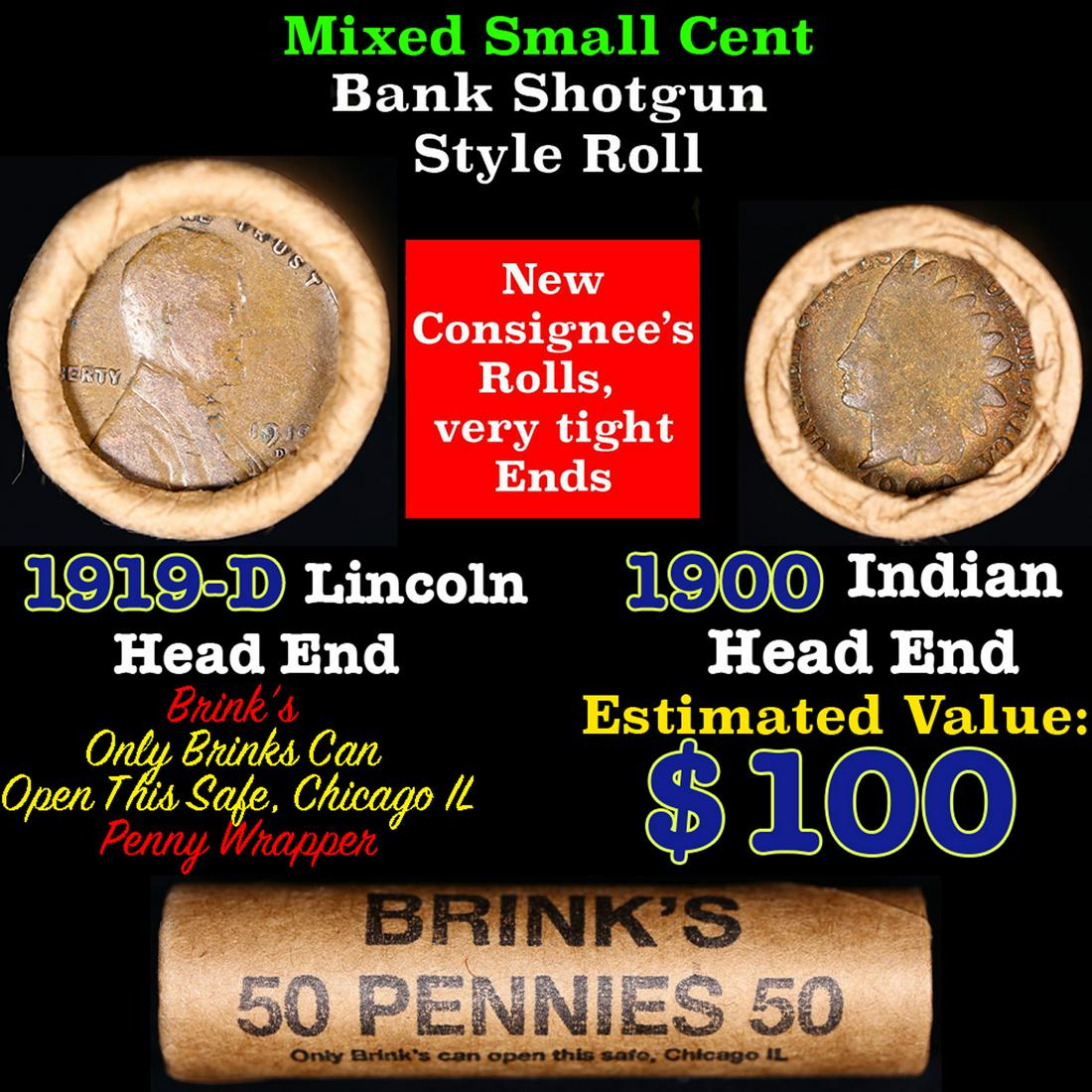Mixed small cents 1c orig shotgun roll, 1919-d Wheat Cent, 1900 Indian Cent other end, brinks (1 of 4)