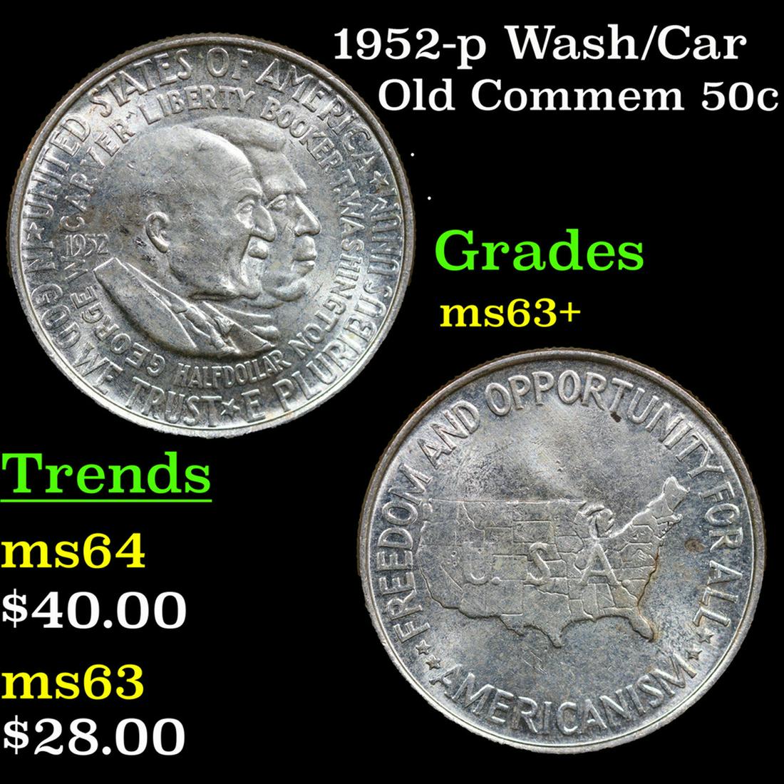 1952-p Wash/Car Old Commem Half Dollar 50c Grades Select+ Unc (1 of 3)