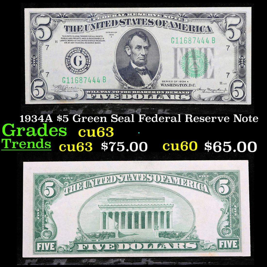 1934A $5 Green Seal Federal Reserve Note Grades Select CU (1 of 3)