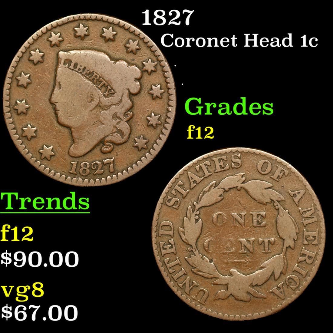 1827 Coronet Head Large Cent 1c Grades f, fine (1 of 3)