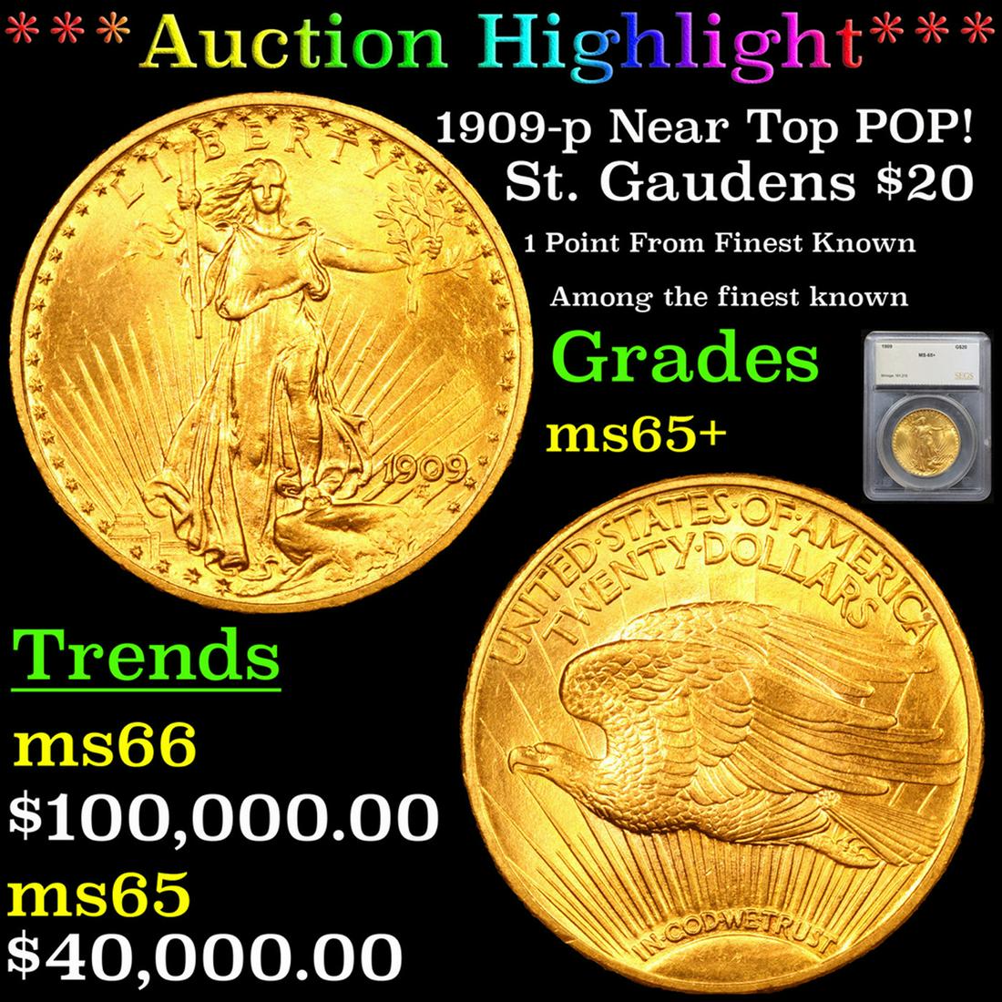 ***Auction Highlight*** 1909-p Gold St. Gaudens Double Eagle Near Top POP! $20 Graded ms65+ By SEGS (1 of 5)
